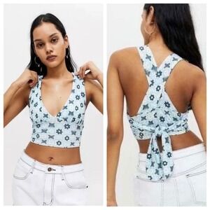 Floral Butterfly Halter Top Tie Back Cropped Sleeveless Blue Patterned‎